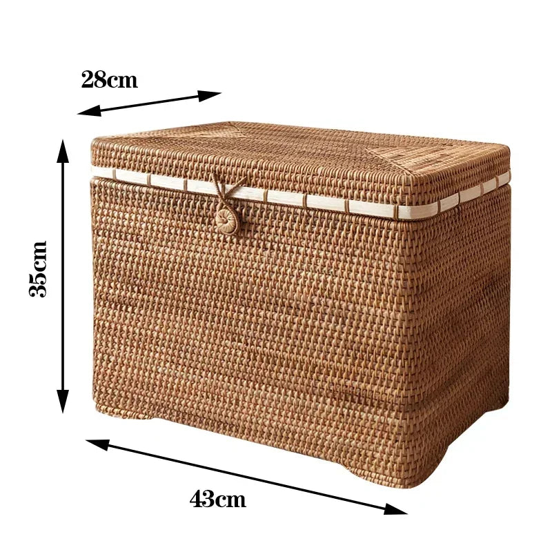 Handcrafted Vietnam Autumn Rattan Hamper with Cover – Natural Woven Laundry & Storage Chest (43×28×35cm)