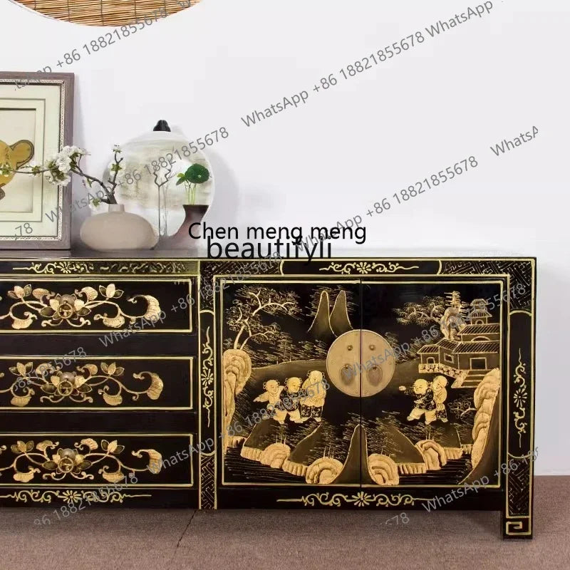 Solid Wood Traditional Gold-Painted Chinese TV Cabinet – Retro Low Credenza (180 cm)
