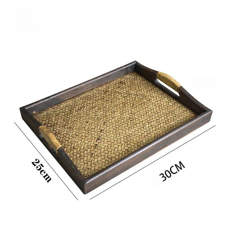 Southeast Asian Wooden Storage Tray - Handicraft Rattan Tea Tray for Water Cups and Tea Cups