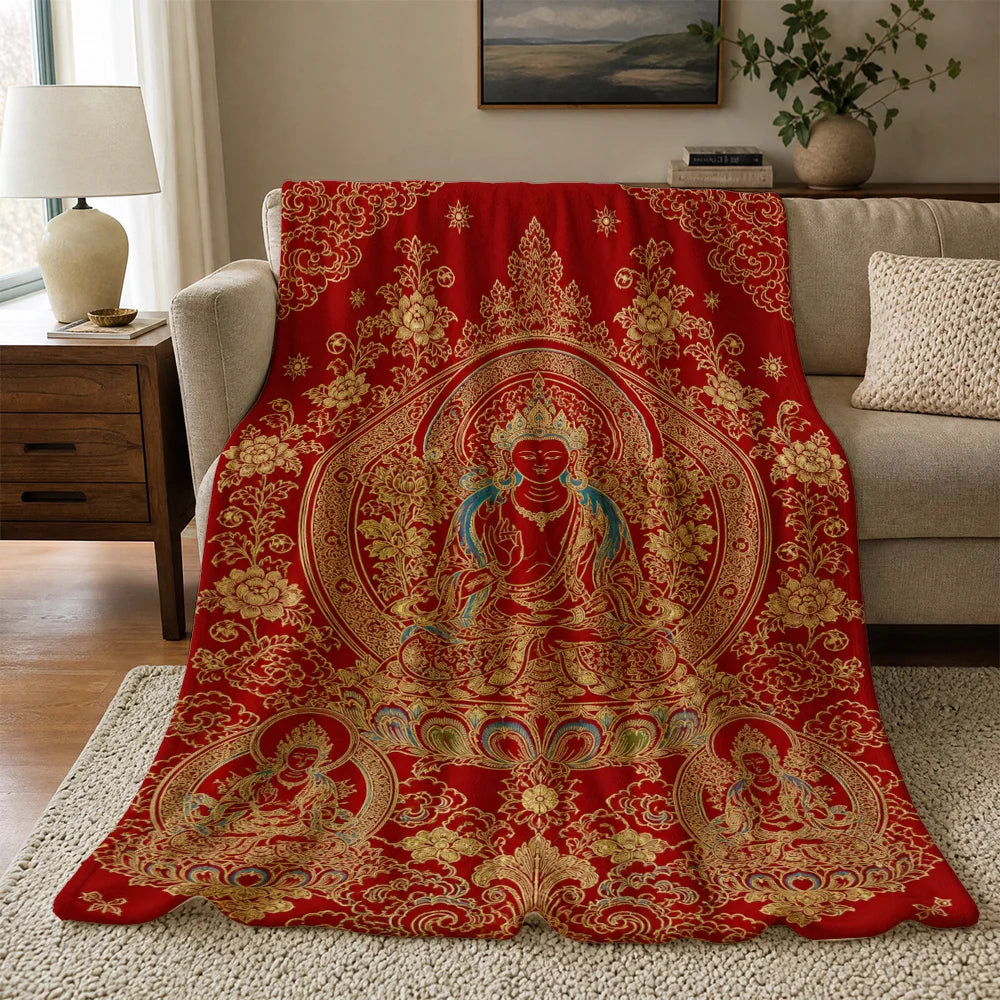 Ornate Thai Buddhist Tapestry Throw Blanket – Luxurious Red & Gold Sacred Art Blanket