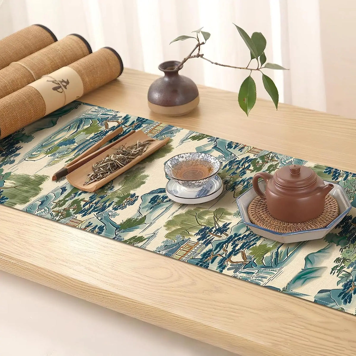 Chinoiserie Shan Shui Landscape Linen Table Runner | Blue, Green & White Dining Decor