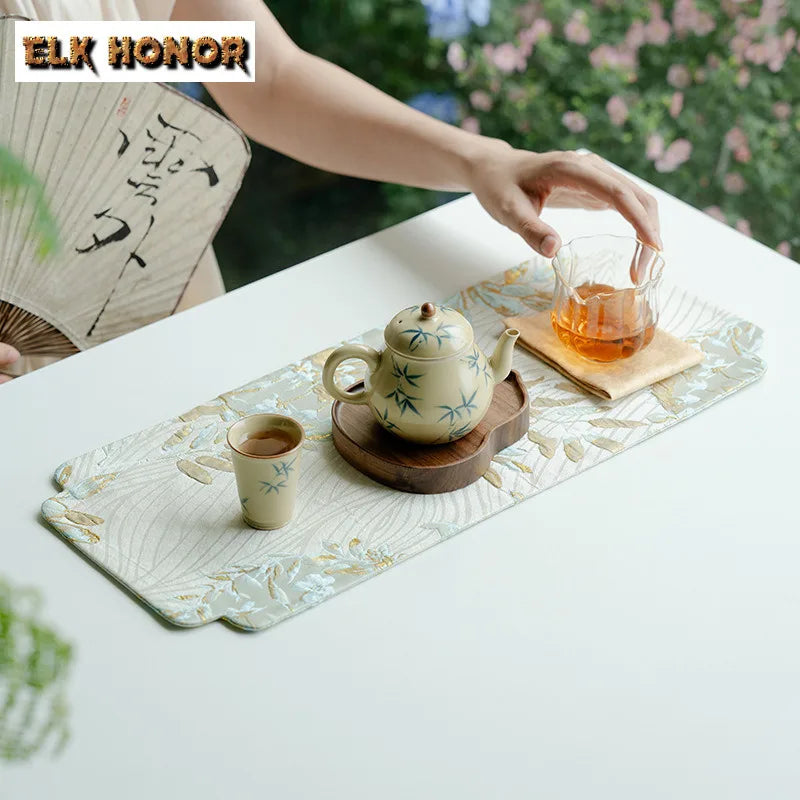 Golden Silk Pear Flower Tea Mat Double-sided Zen Tea Flag Tea Table Mats Creative Drink Coaster Dinner Table Cloth Mat Teaware