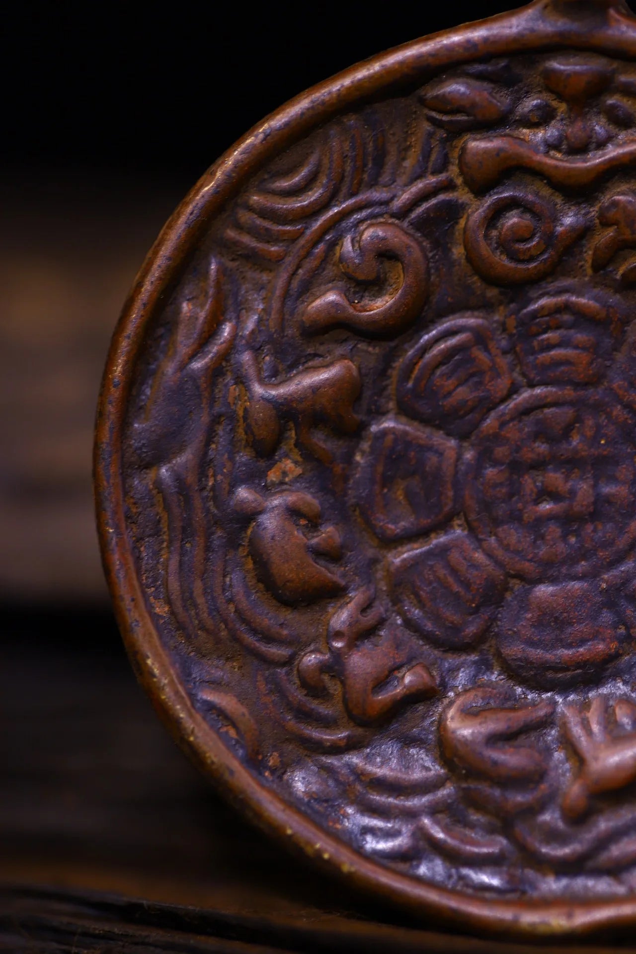 Tibetan Temple Bronze & Cinnabar Dragon Amulet – Buddha Card Pendant