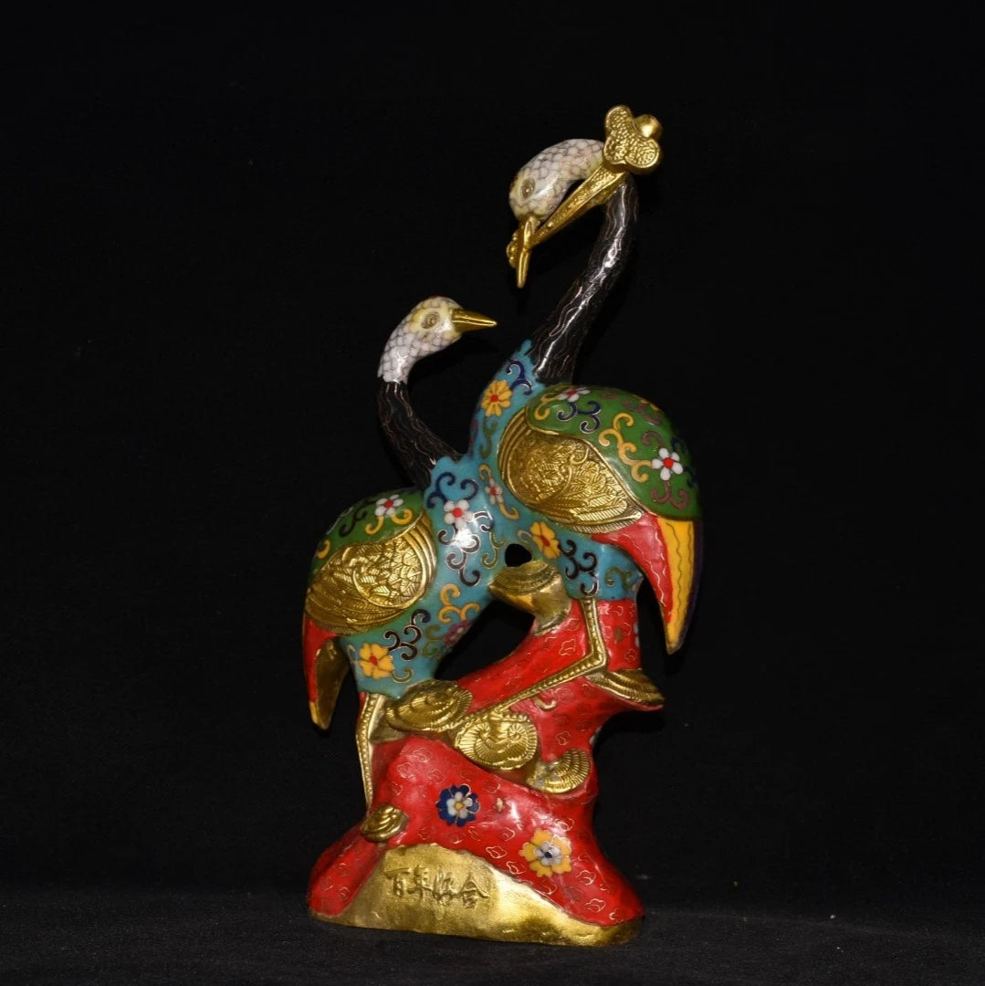 15" Tibet Tempel Sammlung Alt Bronze Cloisonne Emaille Doppelkranich Statue Mandschurenkranich Hundert Jahre Versöhnung
