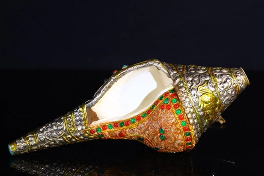 12"Tibetan Temple Collection Old Natural Conch Tibetan silver Gilded Mosaic Gem Conch Amulet Dharma Town house Exorcism