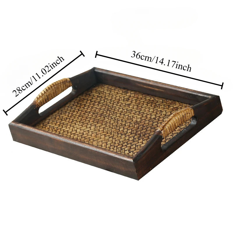 Southeast Asian Wooden Storage Tray - Handicraft Rattan Tea Tray for Water Cups and Tea Cups