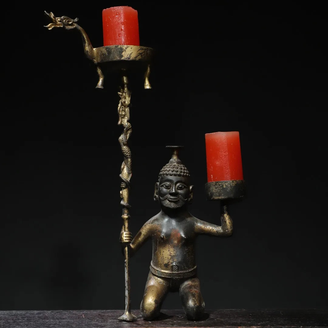 15" Bronze Gilded Cinnabar Vajra Candlestick – Temple Dragon Holder