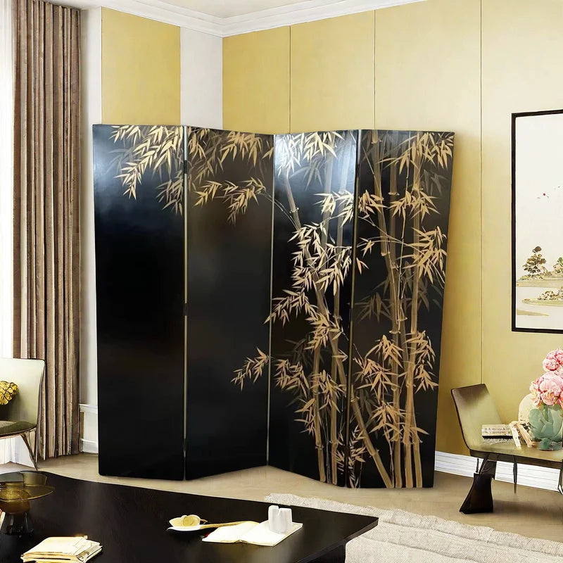 Hand-Painted Golden Bamboo Black Lacquer Folding Screen | 4-Panel Room Divider