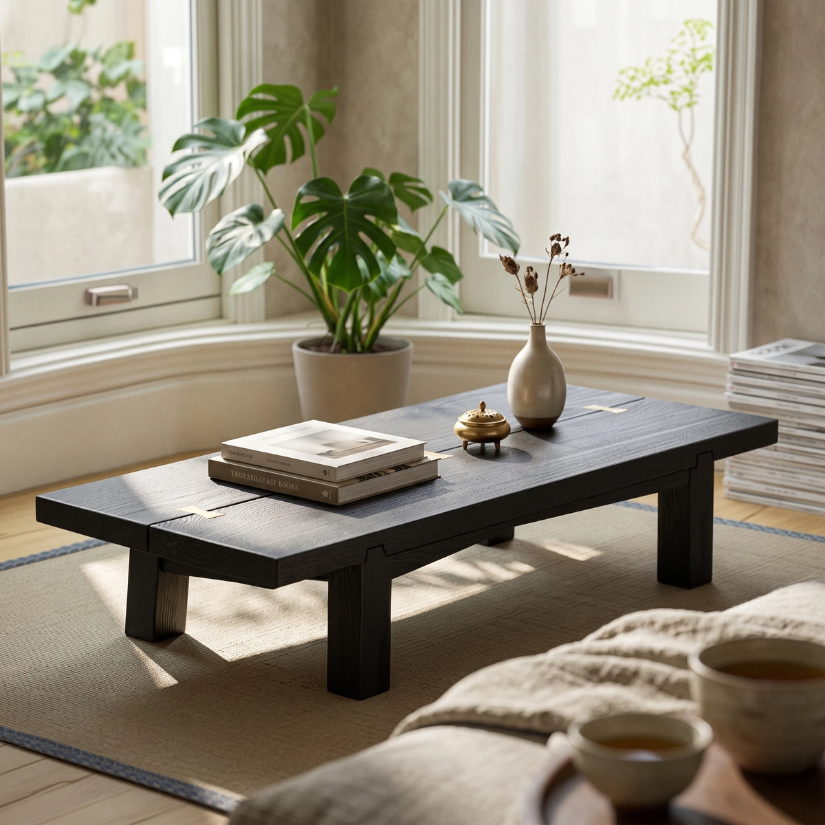 Wabi-Sabi Low Wood Tea Table with Brass Inlay | Compact Floor Table