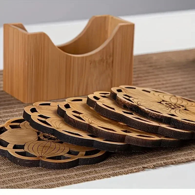 Carved Lotus Wooden Coasters | Natural Wood Tea & Coffee Cup Mats