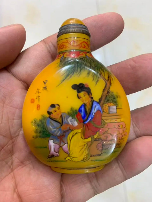 Antique Qing Dynasty Colored Glaze Snuff Bottle, - Mother-son Painting