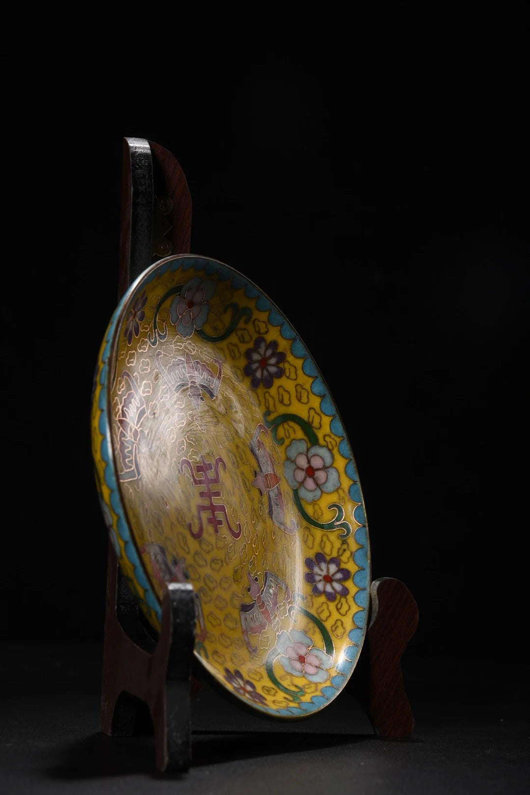 7"Tibetan Temple Collection Old Bronze Cloisonne Enamel Five bat patterns Longevity Reward Plate Amass wealth Ornaments