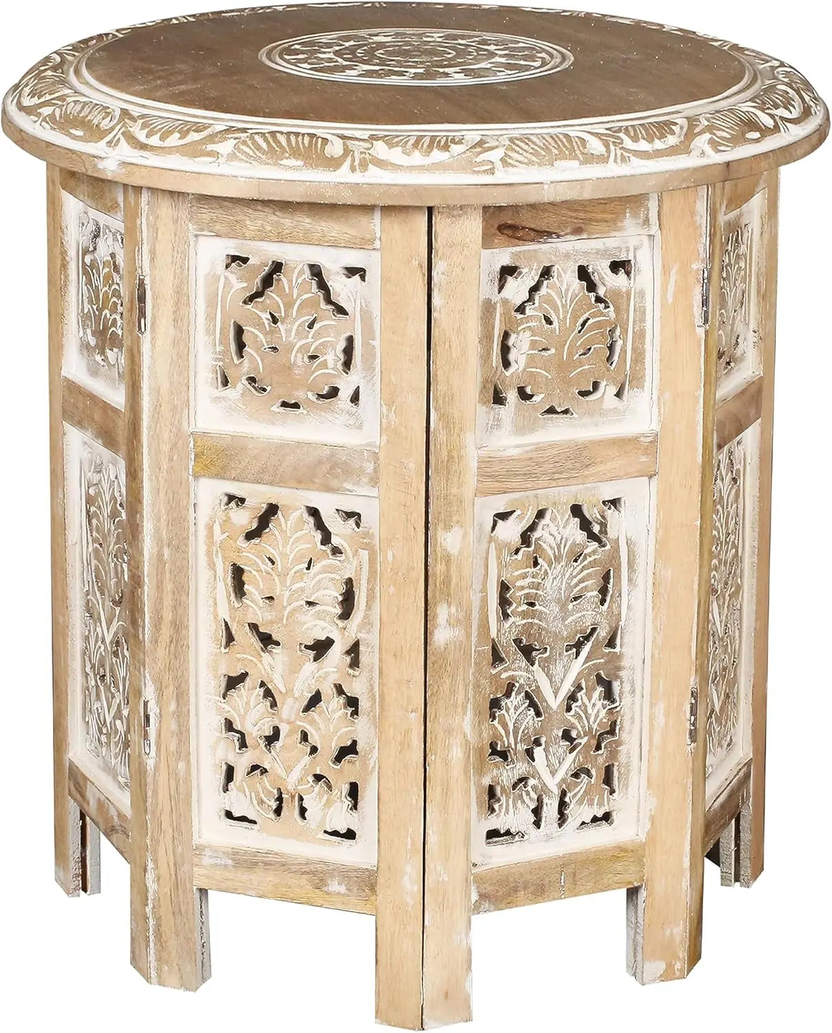 Wooden Coffee Table, Round End Table, Hand-Carved Side Table – 18" Octagonal, White Wash