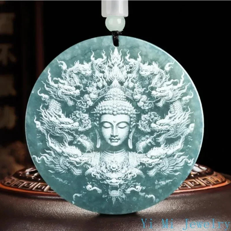 Natural A-grade Jade Pendant Shadow Sculpture Buddha Statue Guanyin Ice Jade Men's and Women's Hanging Jade Jewelry Necklace