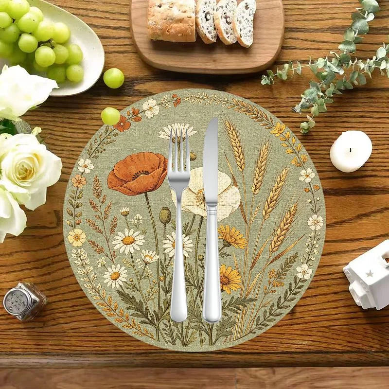 Vikama Wabi-Sabi Round Placemat – Black & White Distressed Texture or Floral Dining Mat
