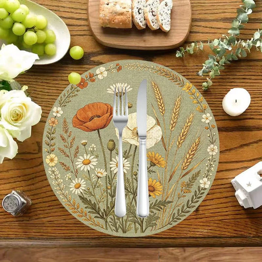 Vikama Wabi-Sabi Round Placemat – Black & White Distressed Texture or Floral Dining Mat