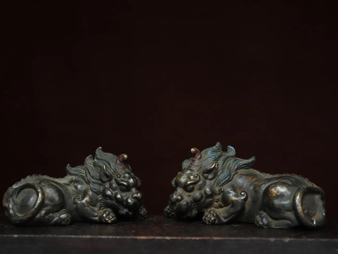 7"Tibetan Temple Collection Old Bronze Gilded Unicorn Lion Statue A Pair Divine beast Amass wealth Ornaments Town house