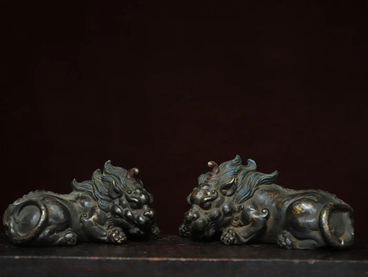 7"Tibetan Temple Collection Old Bronze Gilded Unicorn Lion Statue A Pair Divine beast Amass wealth Ornaments Town house