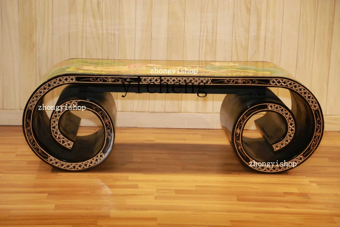 Hand-Painted Piano Table Tea Table Curved Table with Golden Peonies Decoration
