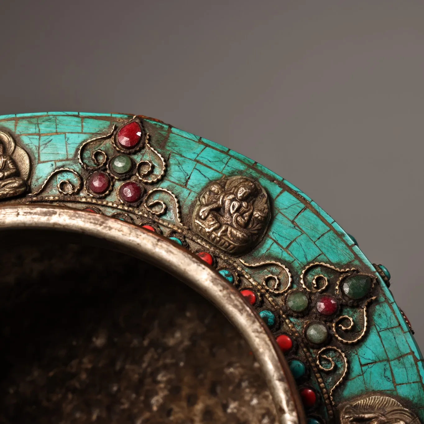 Tibetan Bronze Turquoise Eight Treasures Buddha Jar (10")