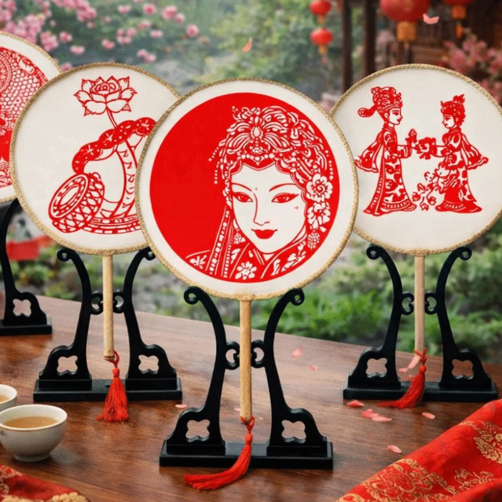 Traditional Vintage Chinese Paper-cut Fan Long Handled Artistic Silk Handheld Fans with Tassel Group Fan Wedding Party