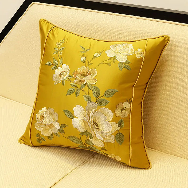 New Chinese-Style Flower & Bird Embroidered Pillow Cover – Silk-Touch Lumbar & Square Cushion Case