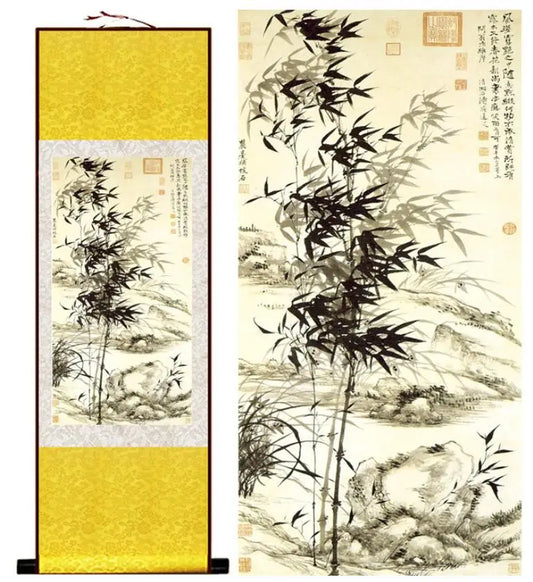 Pintura de bambú con caracteres chinos y pintura de flores. Decoración de oficina en casa. Pintura de pergamino chino. Pintura impresa.