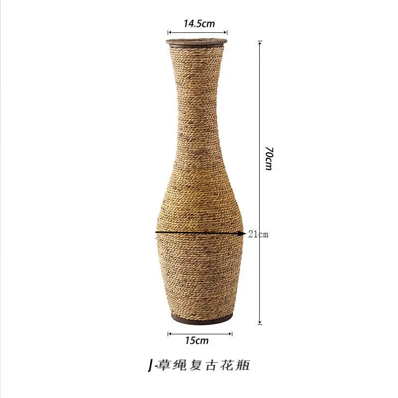 Retro Woven Rattan & Bamboo Glass Vase – Natural Dried Flower Basket