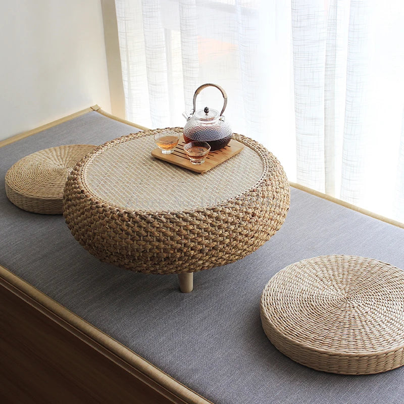 Japanese Woven Straw Floor Table | Low Bay Window Tea Table