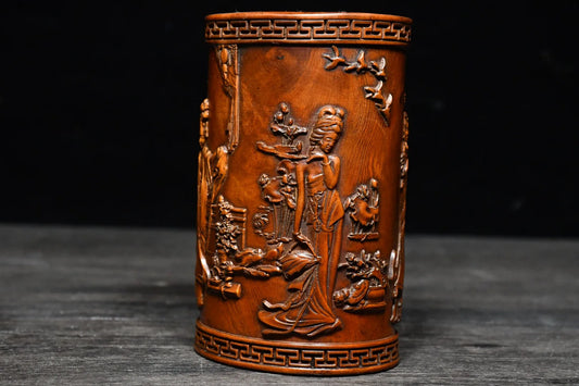 5"Tibetan Temple Collection Old Boxwood Classical four beauties Statue pattern Pen holder Office Supplies Wooden penholder