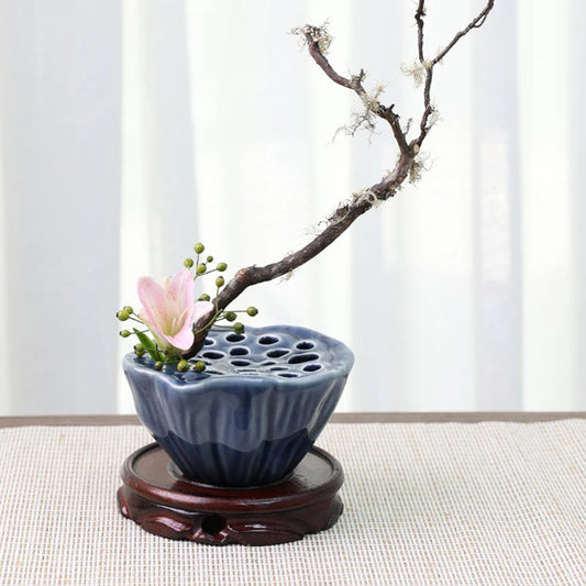 Japanese Ceramic Lotus Ikebana Flower Vase – Zen Floral Vessel with Built-In Frog Holder