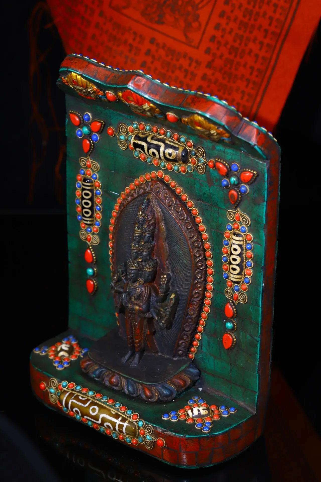 9" Tibetan Temple Collection Old Bronze Mosaic Gem gZi Beads Turquoise 1000-Arm Guanyin