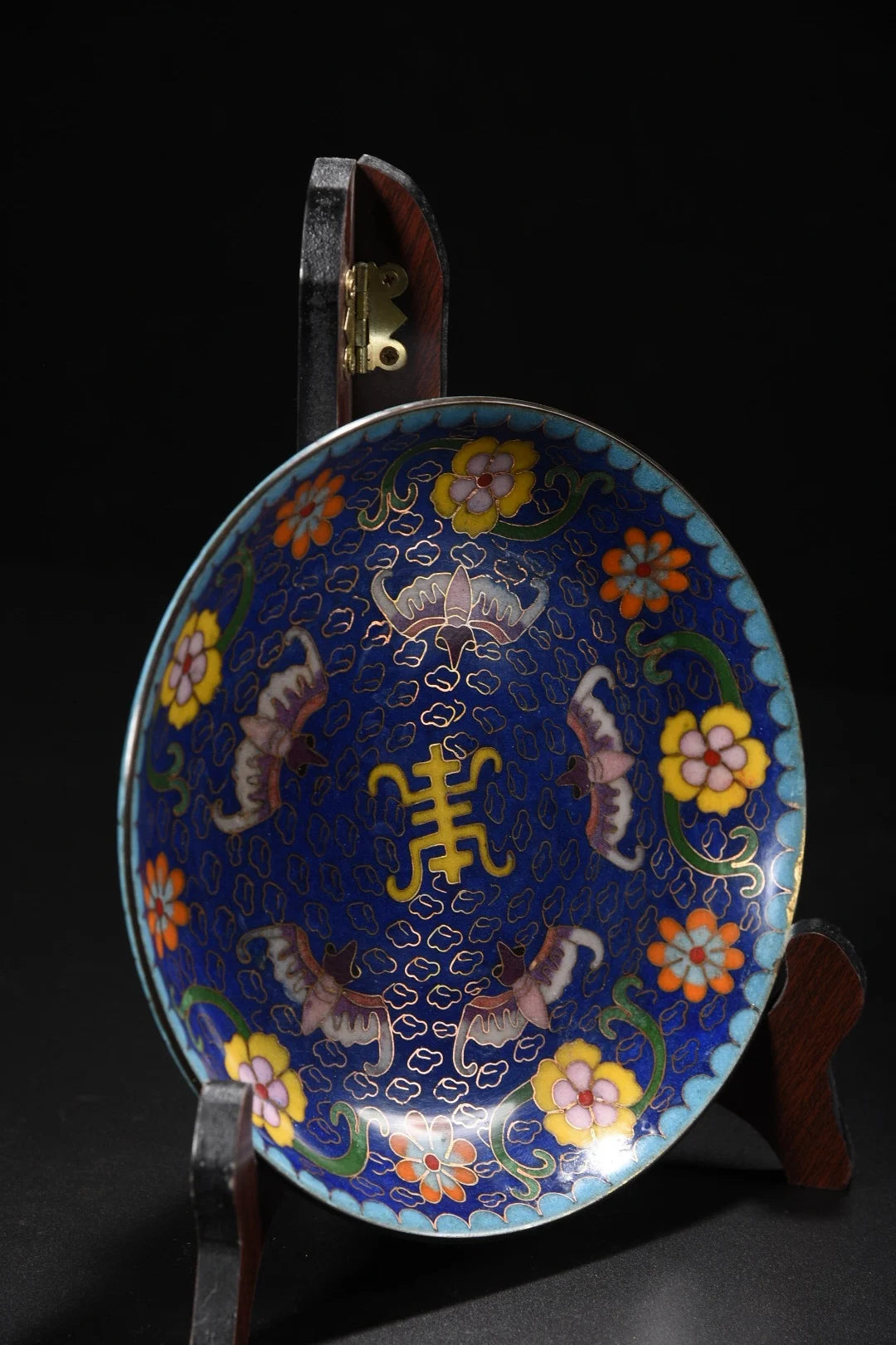 Tibetan Temple Cloisonné Five-Bat Longevity Plate – Bronze Reward Screen (7")