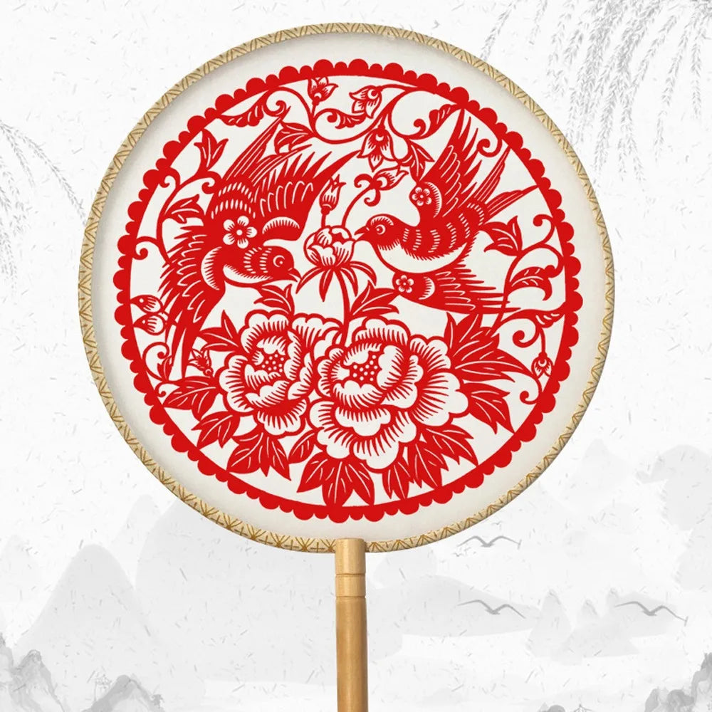 Traditional Vintage Chinese Paper-cut Fan Long Handled Artistic Silk Handheld Fans with Tassel Group Fan Wedding Party
