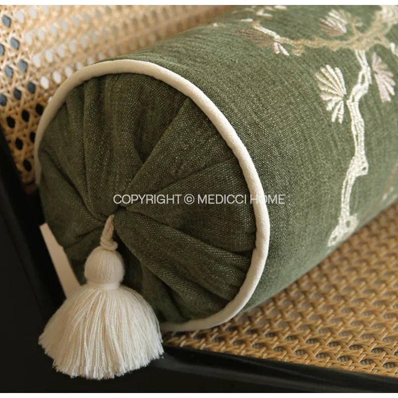 Luxury Bamboo Embroidery Cylindrical Bolster Cover (16×57cm) – Chinoiserie Neck Roll & Daybed Cushion Case