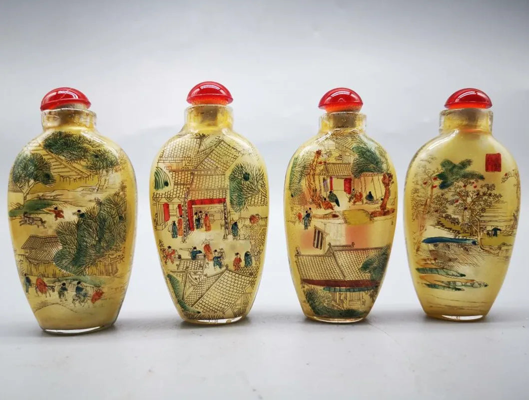 Innenbemalte Schnupftabakfläschchen zum Qingming-Fest – Vierteiliges Set mit Box