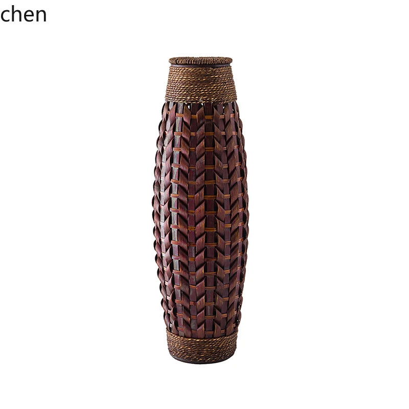 Retro Woven Rattan & Bamboo Glass Vase – Natural Dried Flower Basket