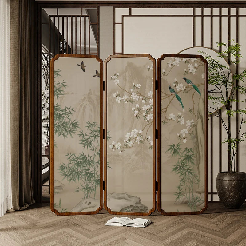 Zen Wood Folding Screen Partition | Floral & Bird Room Divider