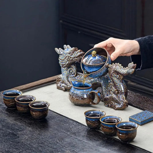 Chinese Gongfu Tea Set – 360° Rotating Teapot with Infuser & 6 Cups (Dragon Design)