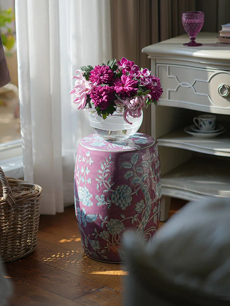 Hand-Painted Lavender Floral Ceramic Drum Stool | Botanical Accent Side Table