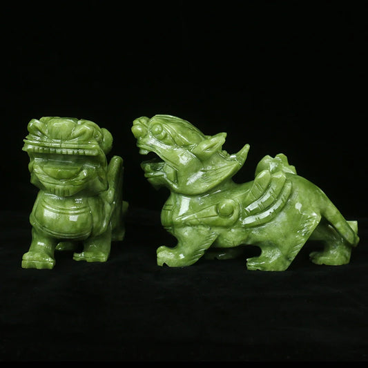 A Pair of Chinese Natural Jade Pixiu Statues Feng Shui