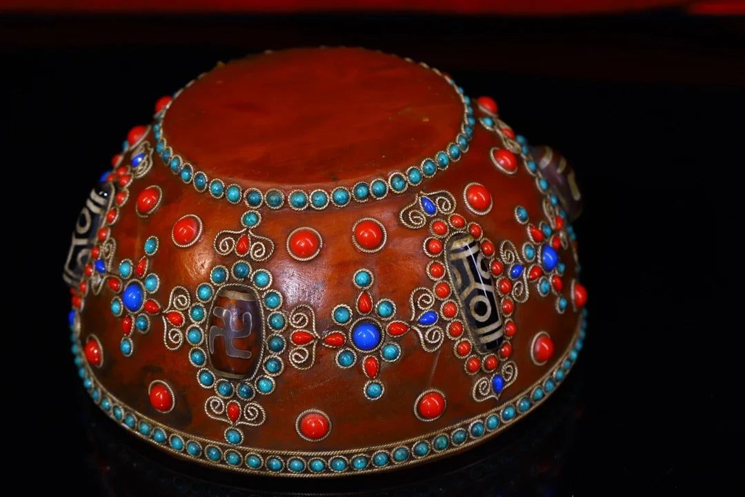 Tibetan Crystal Mosaic Gem gZi Bead Buddha Bowl (5")