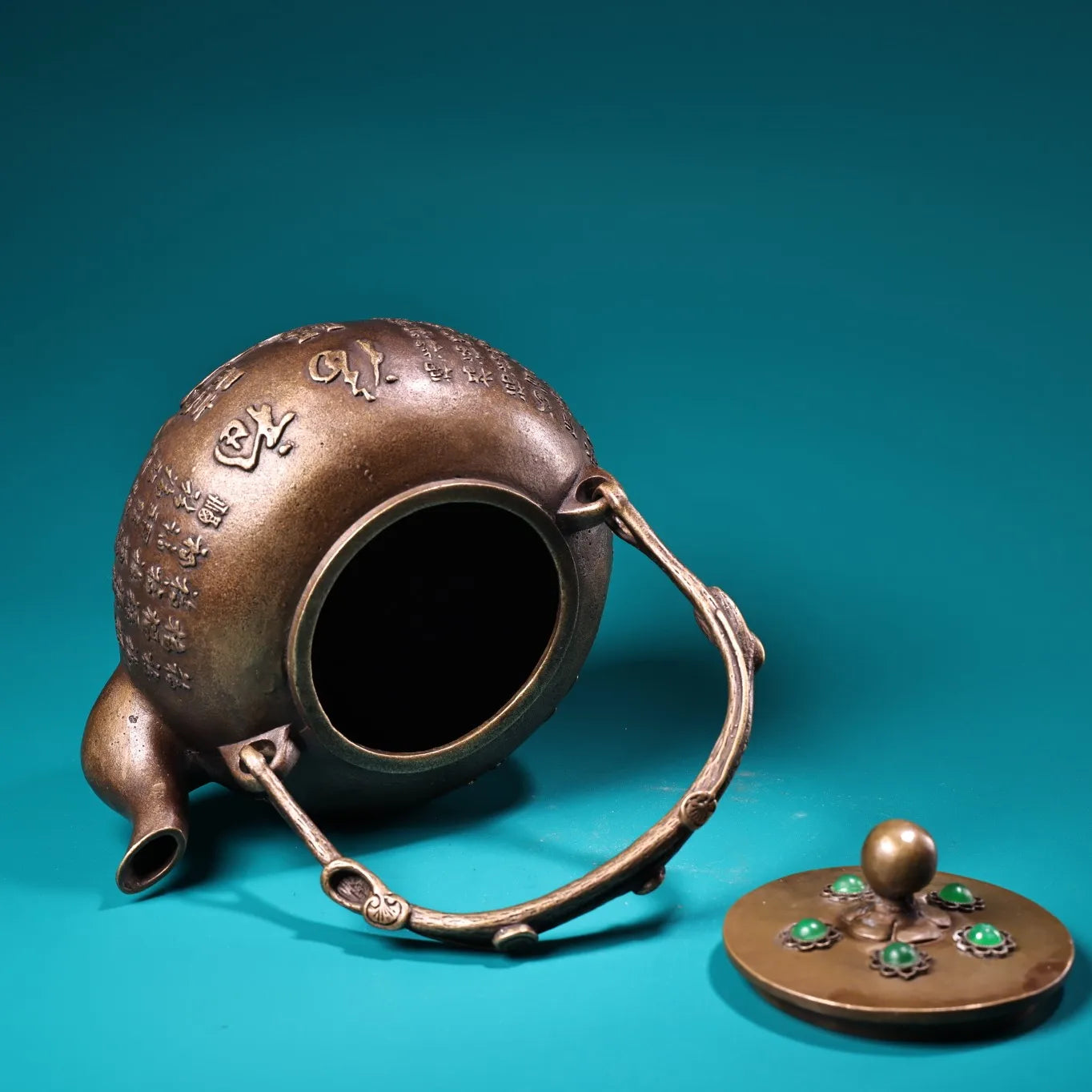 8" Tibetan Temple Collection Old Bronze Cinnabar Mosaic Gem “Hundred Blessings” Pot / Teapot