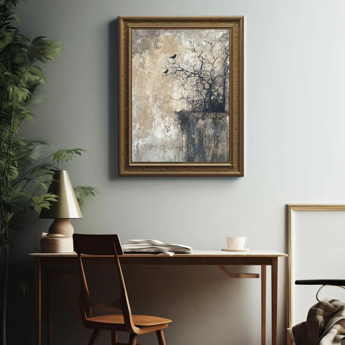 Ruhige Wabi-Sabi Vogel-Wandkunst – Strukturiertes Natur-Bild