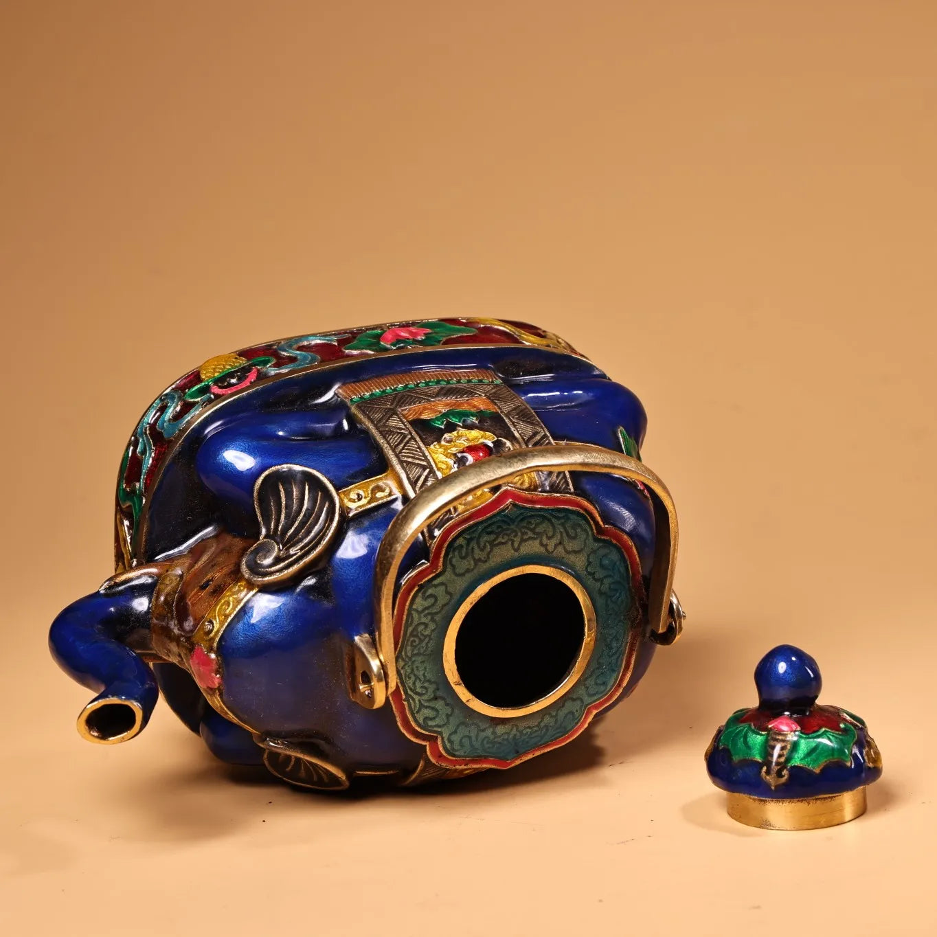 6"Tibetan Temple Collection Old Bronze Cloisonne Elephant Statue Kettle Teapot Flagon Gather fortune Ornament Town house