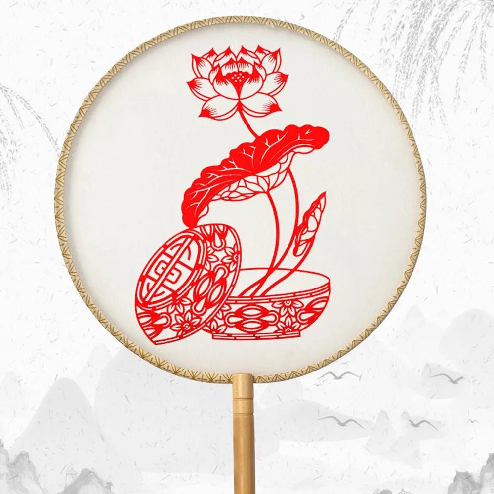 Traditional Vintage Chinese Paper-cut Fan Long Handled Artistic Silk Handheld Fans with Tassel Group Fan Wedding Party