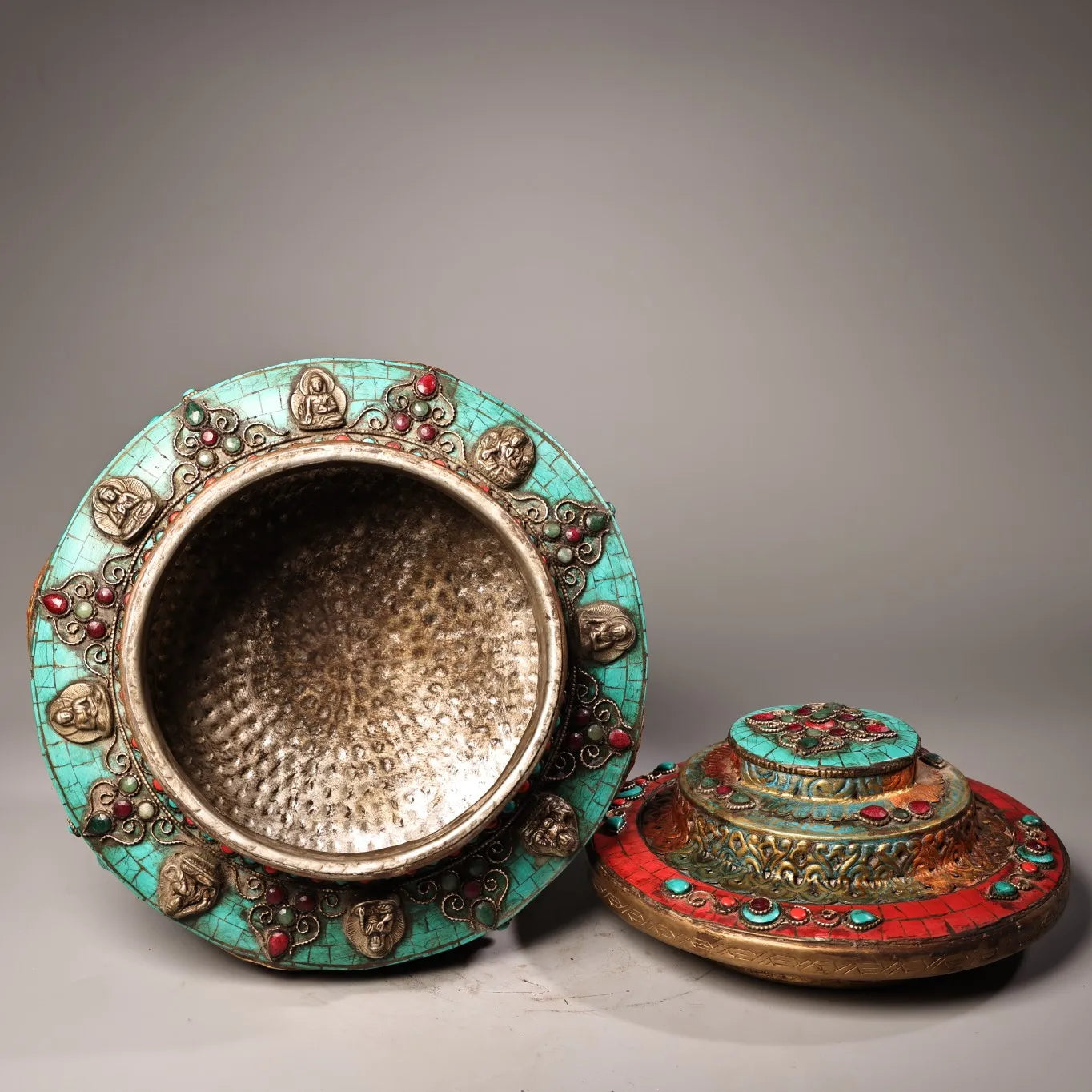 Tibetan Bronze Turquoise Eight Treasures Buddha Jar (10")
