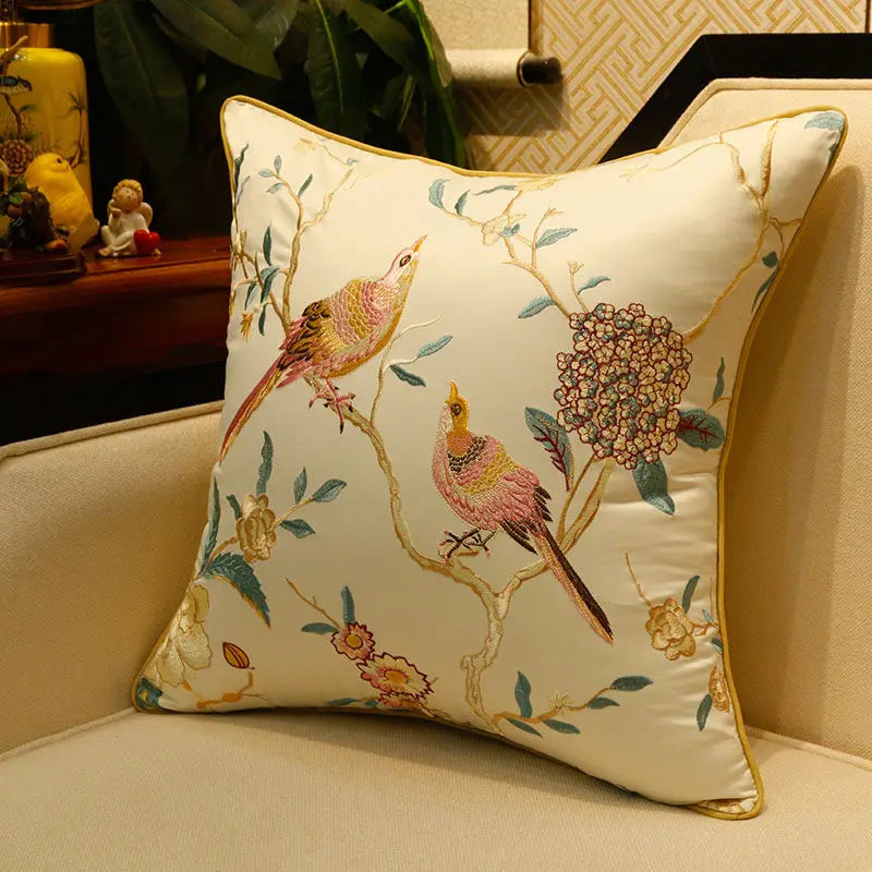 New Chinese-Style Flower & Bird Embroidered Pillow Cover – Silk-Touch Lumbar & Square Cushion Case