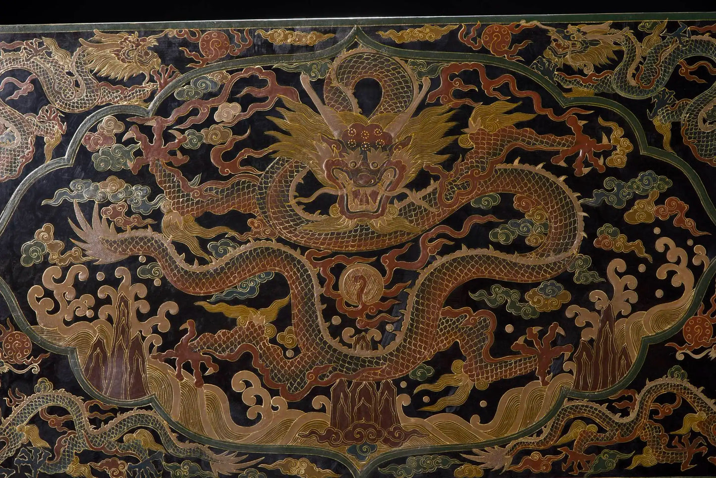 Old Wood Lacquer Dragon Scroll Stand – Gold-Outline Display Rack