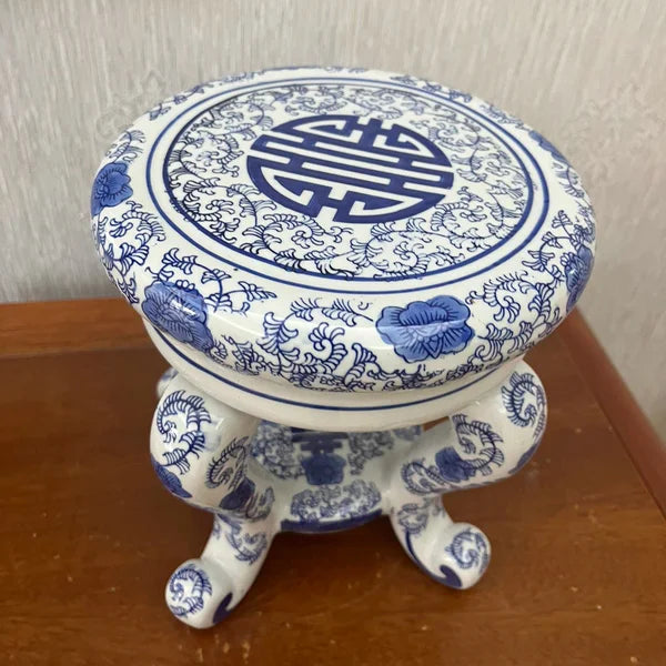 Classical Blue & White Porcelain Four-Legged Stool | Ceramic Pedestal & Accent Seat